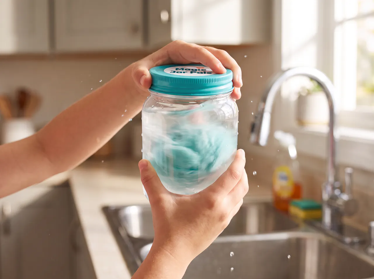 A child shaking a Magic Jar Pals reveal jar as the water clouds and the plush appears
